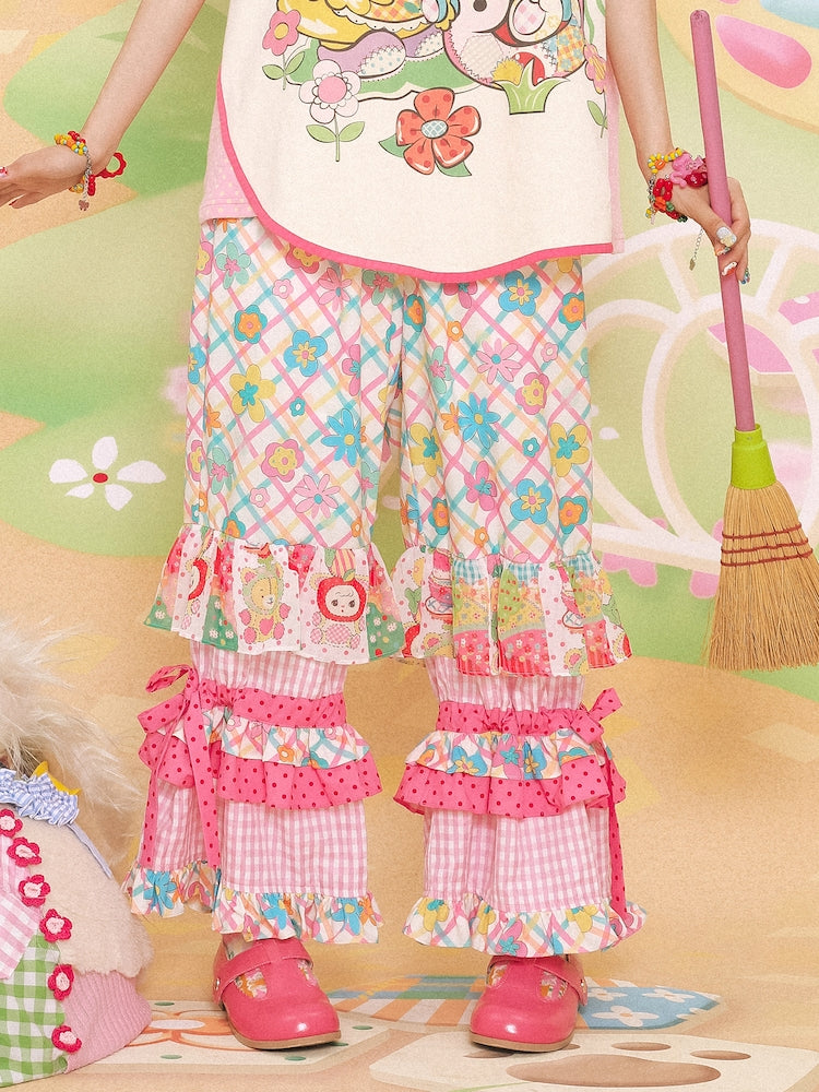 Sweet Floral Ruffle Layered Pants
