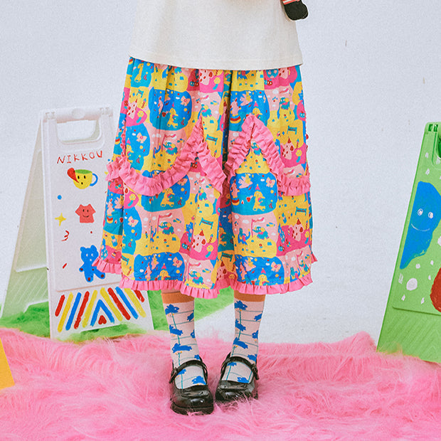 Colorful Cute Ruffle Midi Skirt