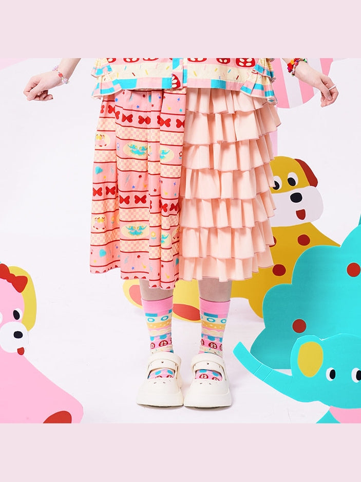 Pink Mixed Pattern Tiered Ruffle Skirt