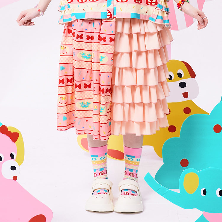 Pink Mixed Pattern Tiered Ruffle Skirt