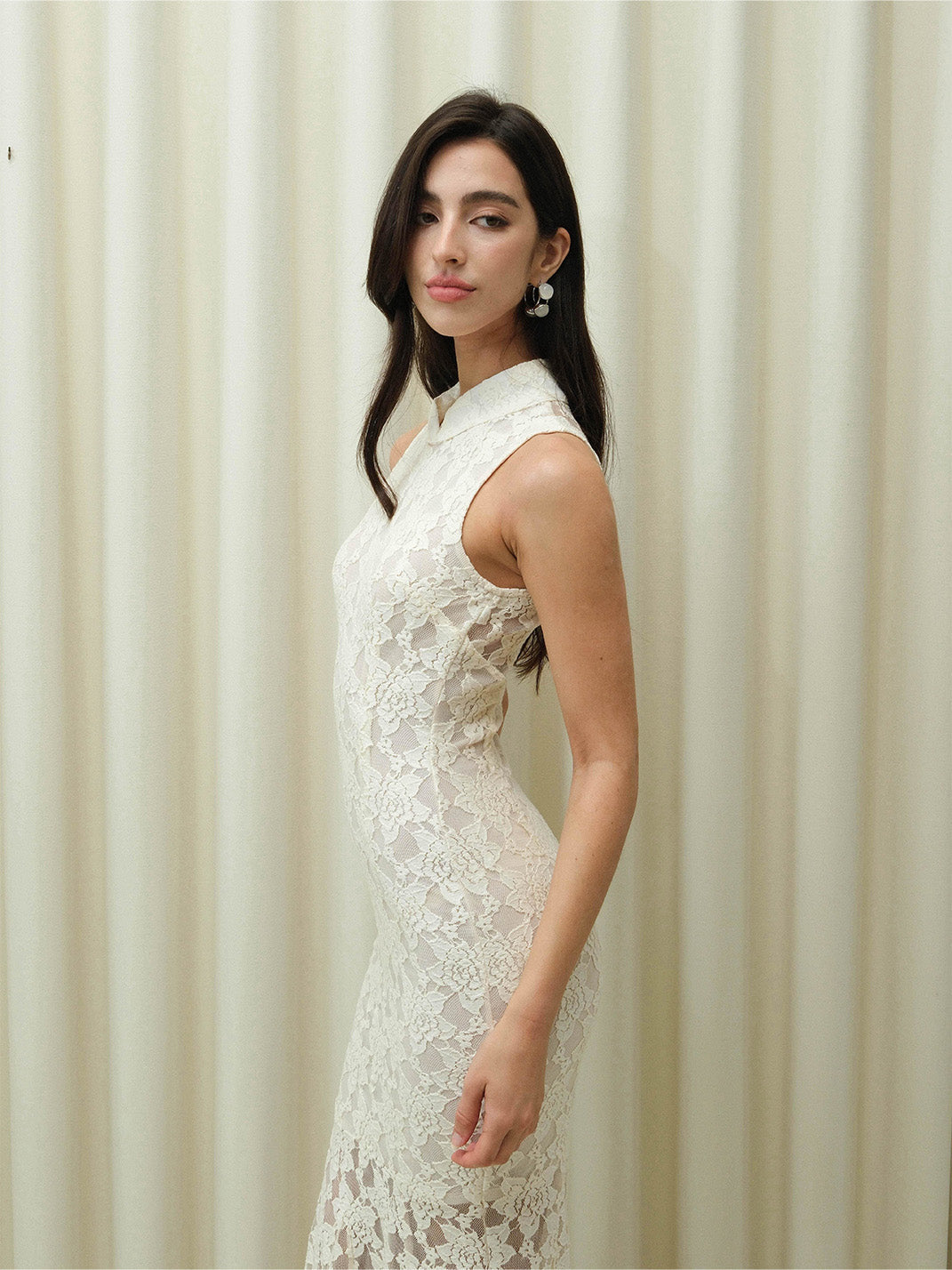 White Lace Cutout Cheongsam Dress
