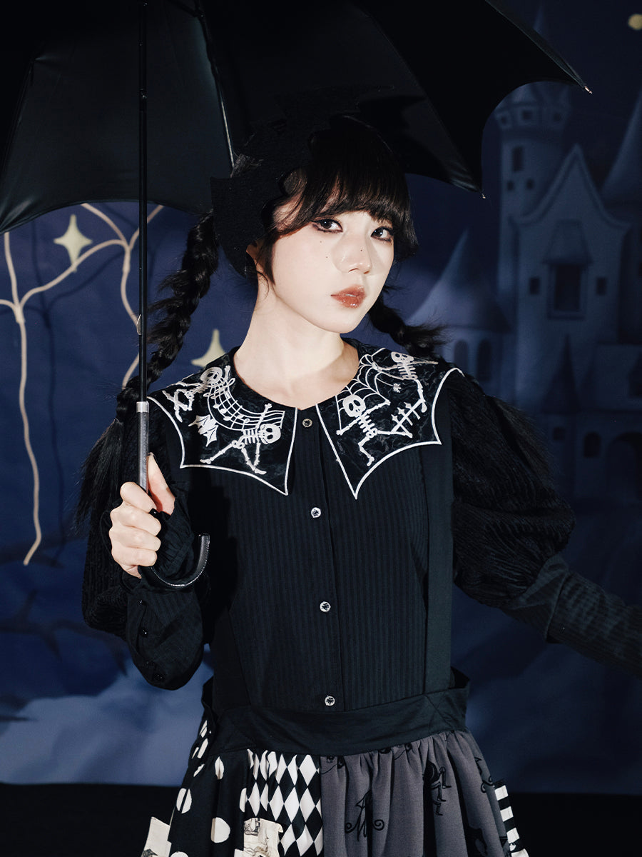 Dancing Skeleton Collar Ribbed Blouse
