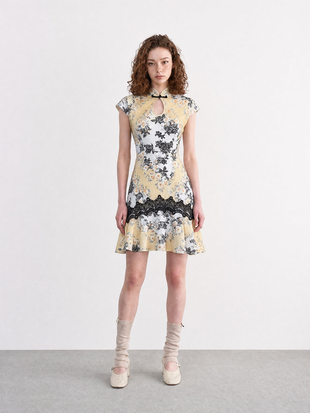 Satin Floral Lace-Spliced Dress
