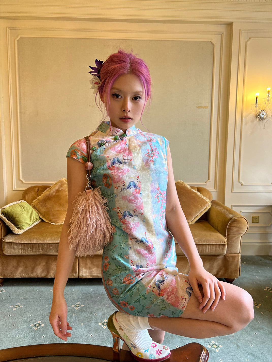 Chinese-Style Print Cheongsam Dress