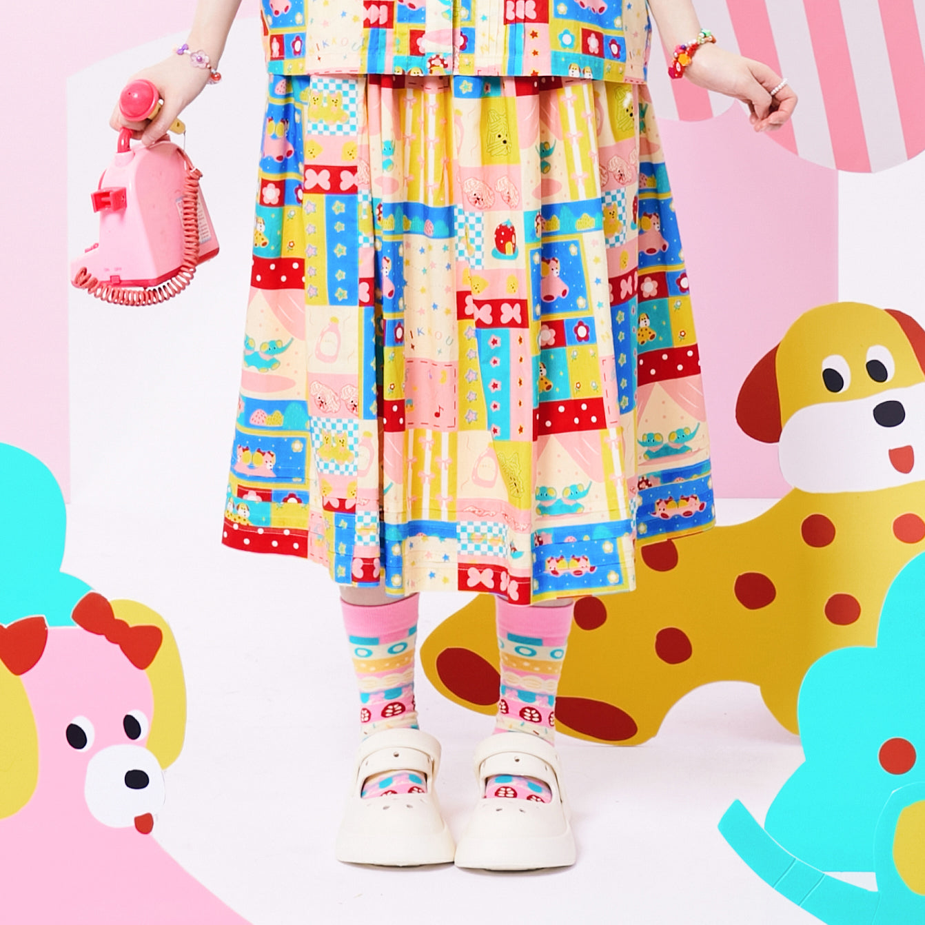 Sweet Patchwork Printed Cotton Midi Skirt