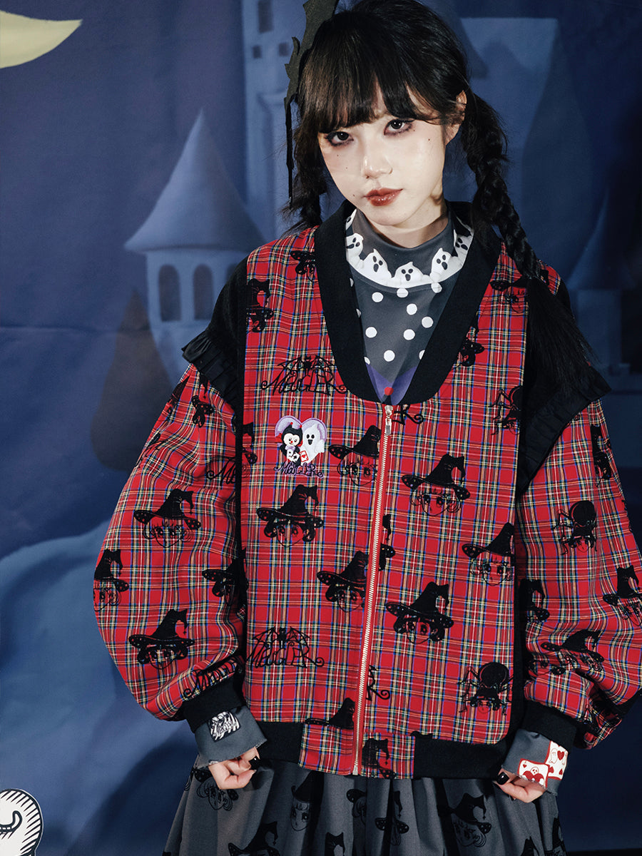 Witch Print Plaid Puff Sleeve Jacket