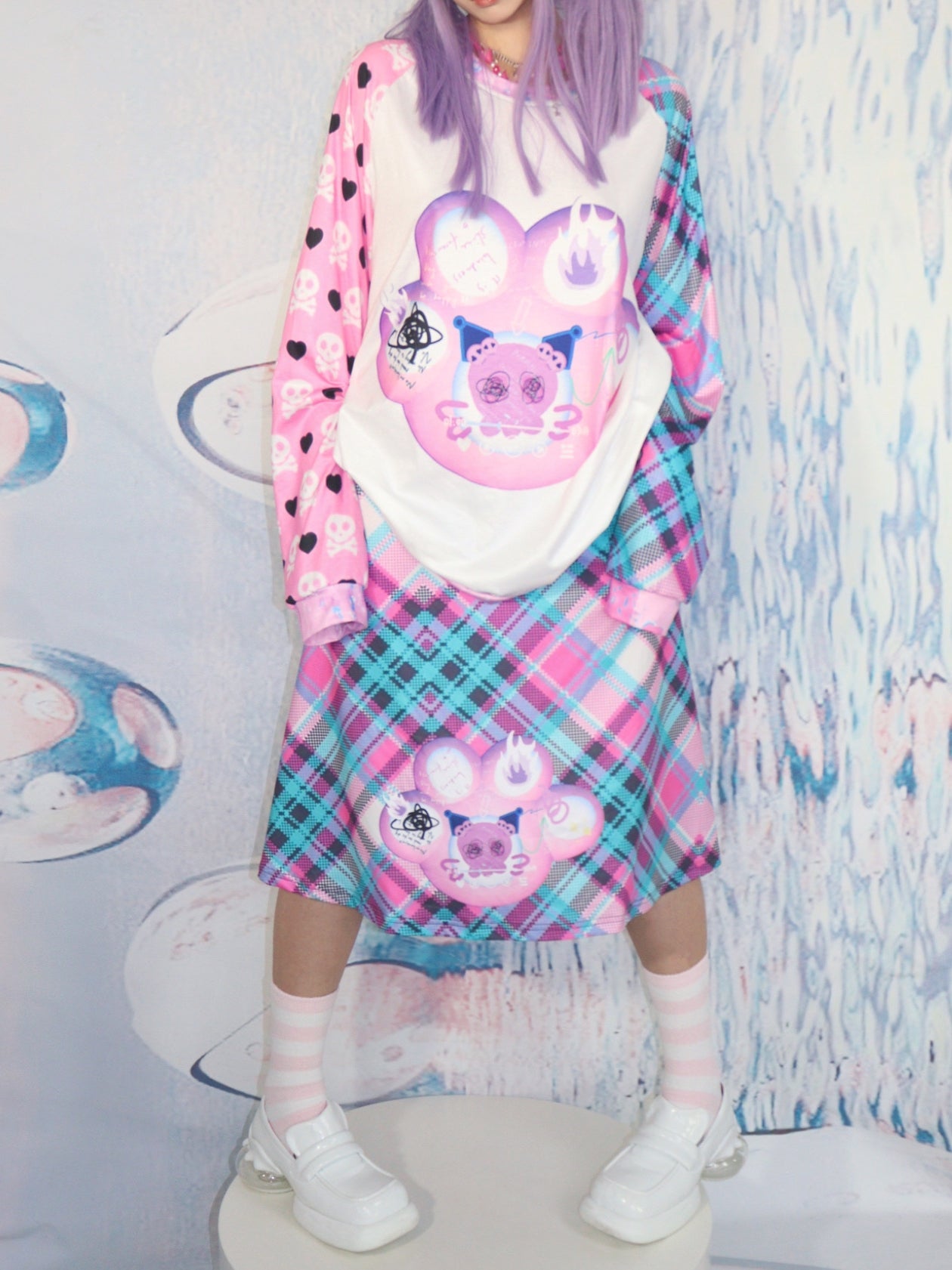 Pink Plaid Space Kitty Skirt