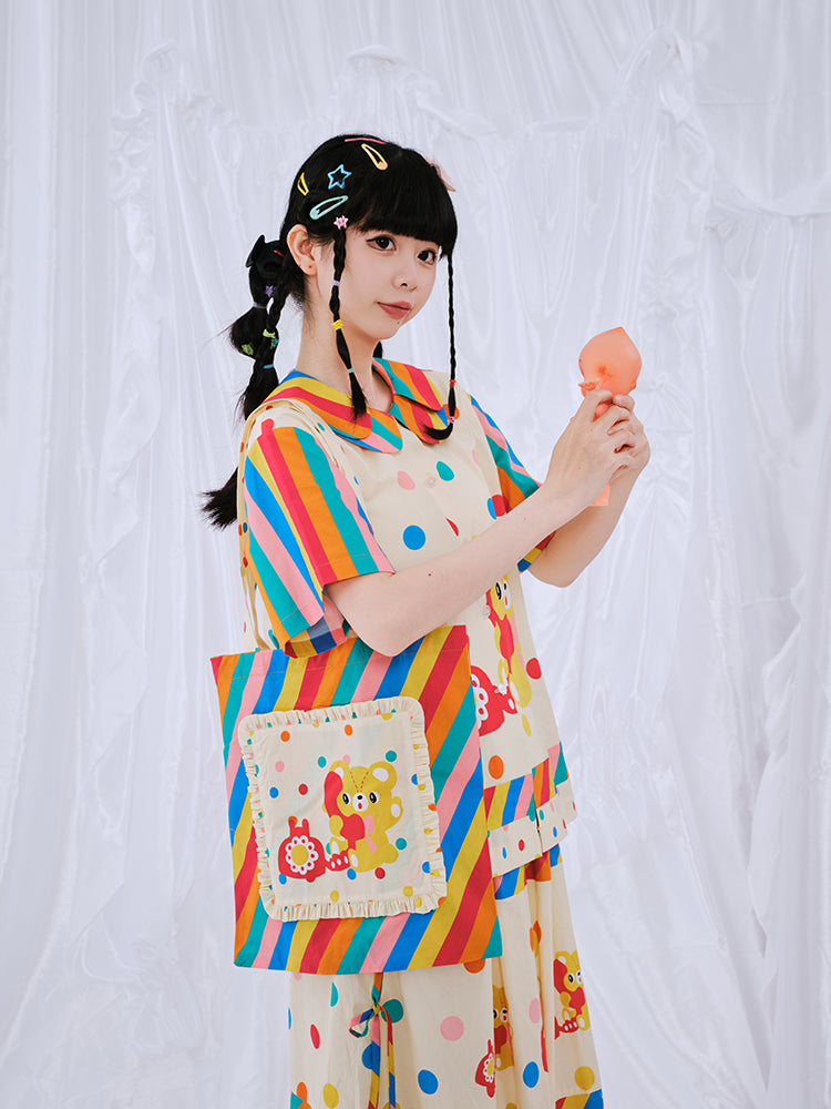 Rainbow Striped Bear Canvas Tote Bag