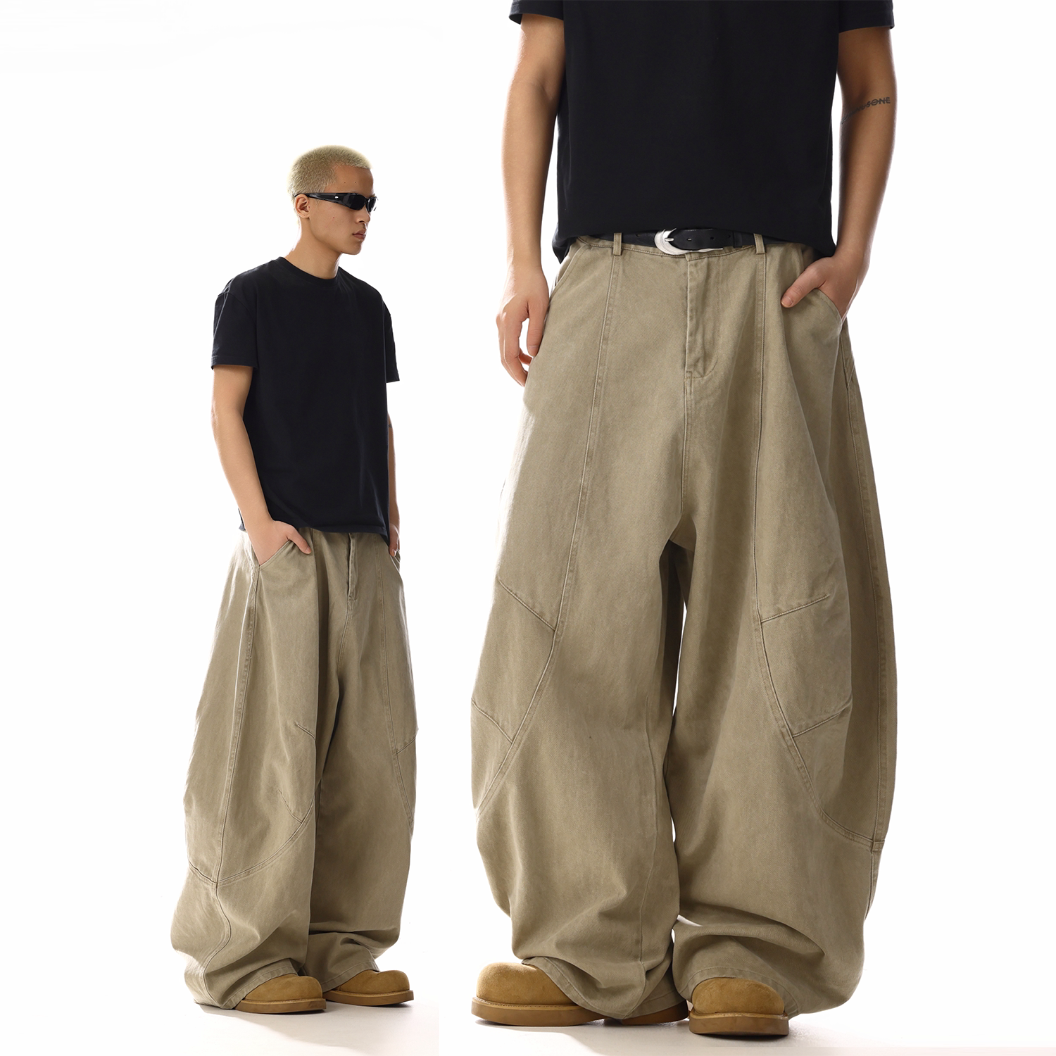 Washed barrel-leg utility pants in khaki