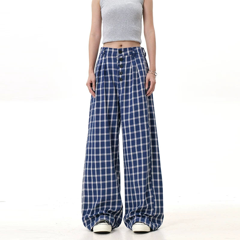 Plaid button wide-leg pants in blue plaid