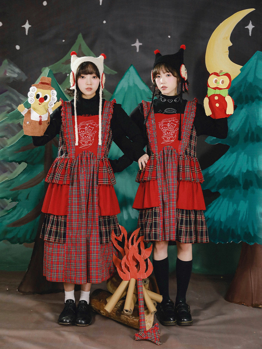 Red Plaid Tiered Pinafore Dress