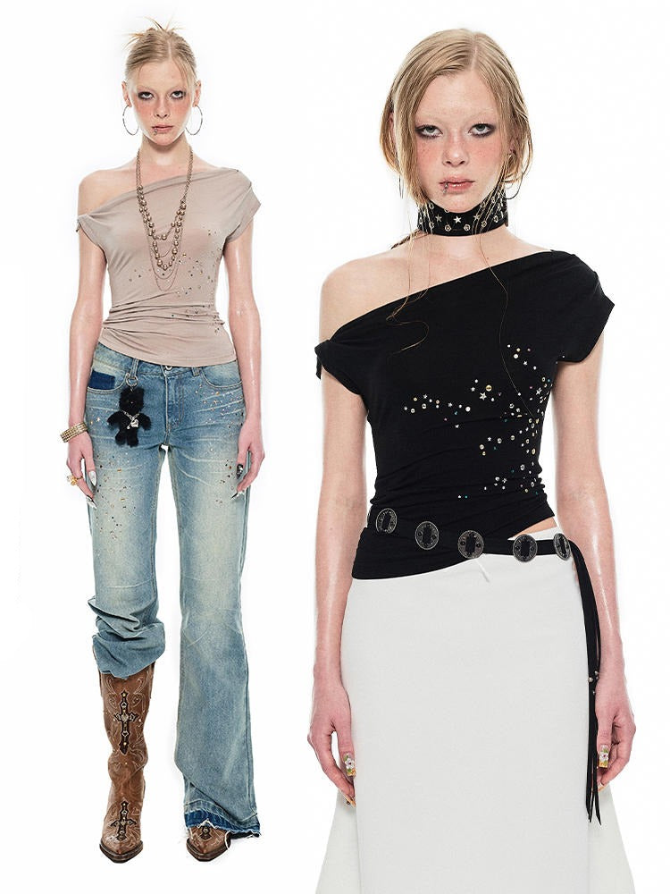 1Jinn One-Shoulder Rhinestone Embellished Top - Women's Fitted Asymmetrical Sparkle Shirt