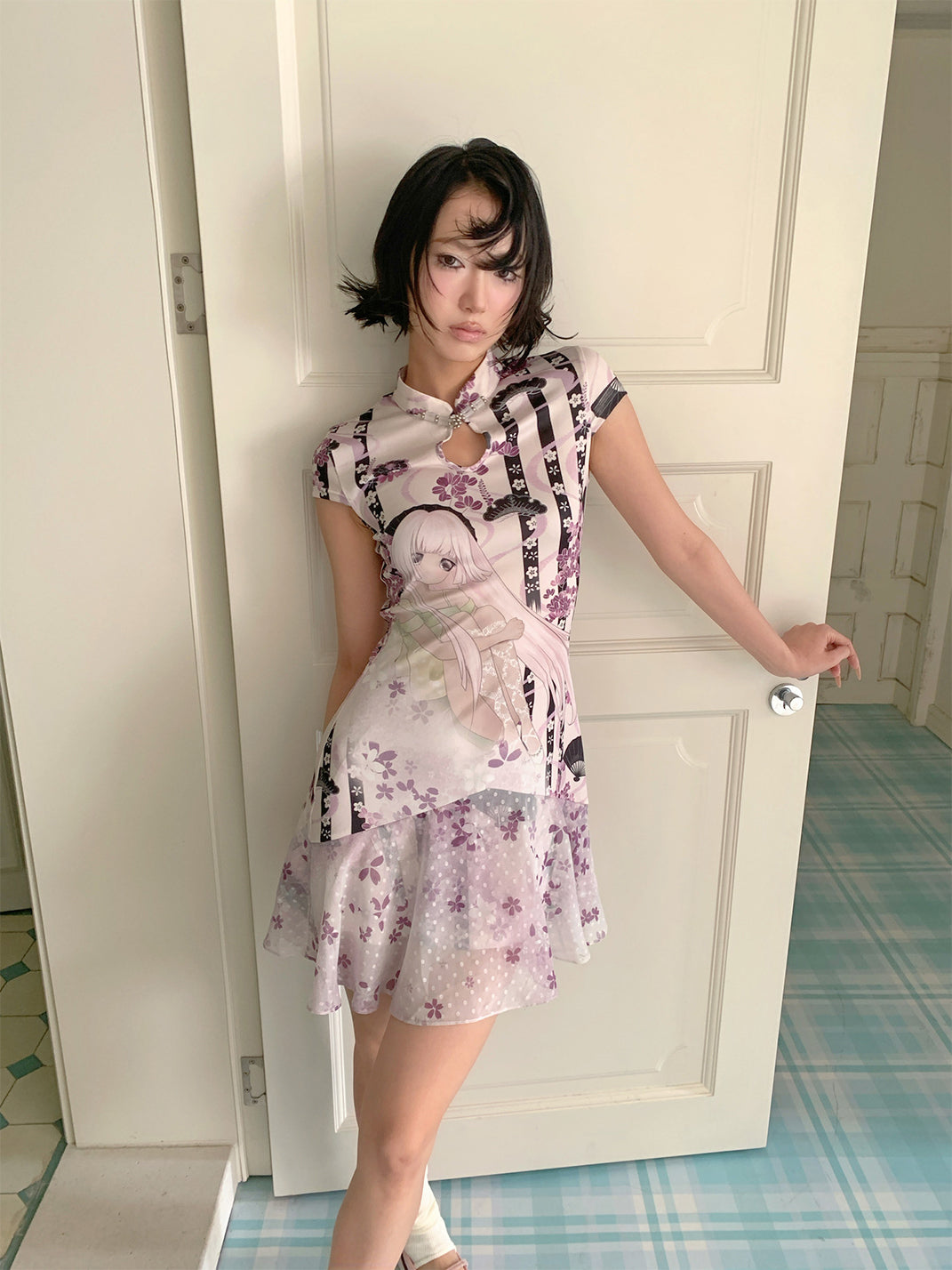 Spliced Collar Print Cheongsam Dress