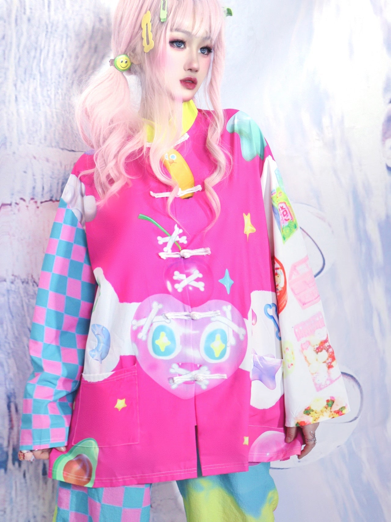 Checkered Sleeve Pink Skull Toggle Shirt