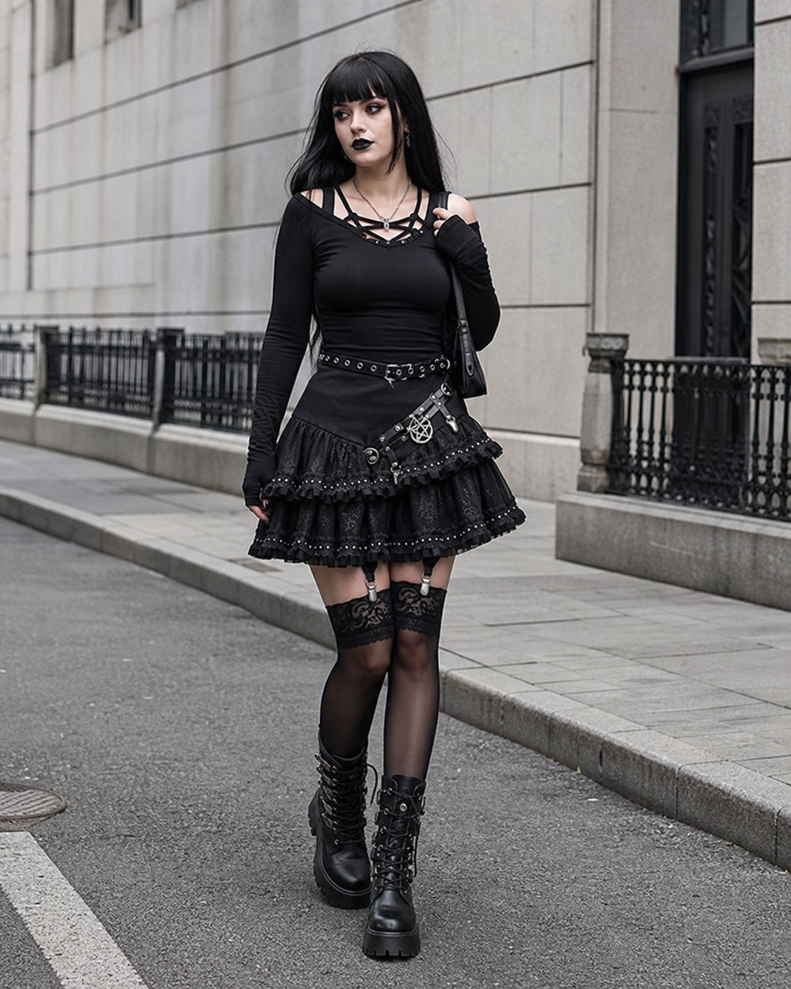 Gothic Lolita Tiered Ruffle Mini Skirt with Floral Lace and Studded Trim showcase 1