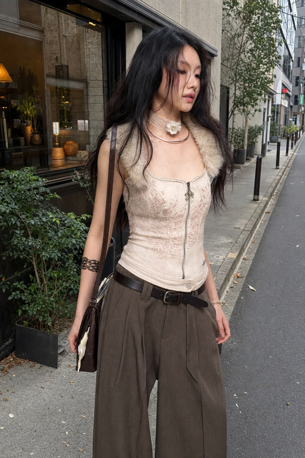 Fur-Trimmed Lace Corset Top showcase 1