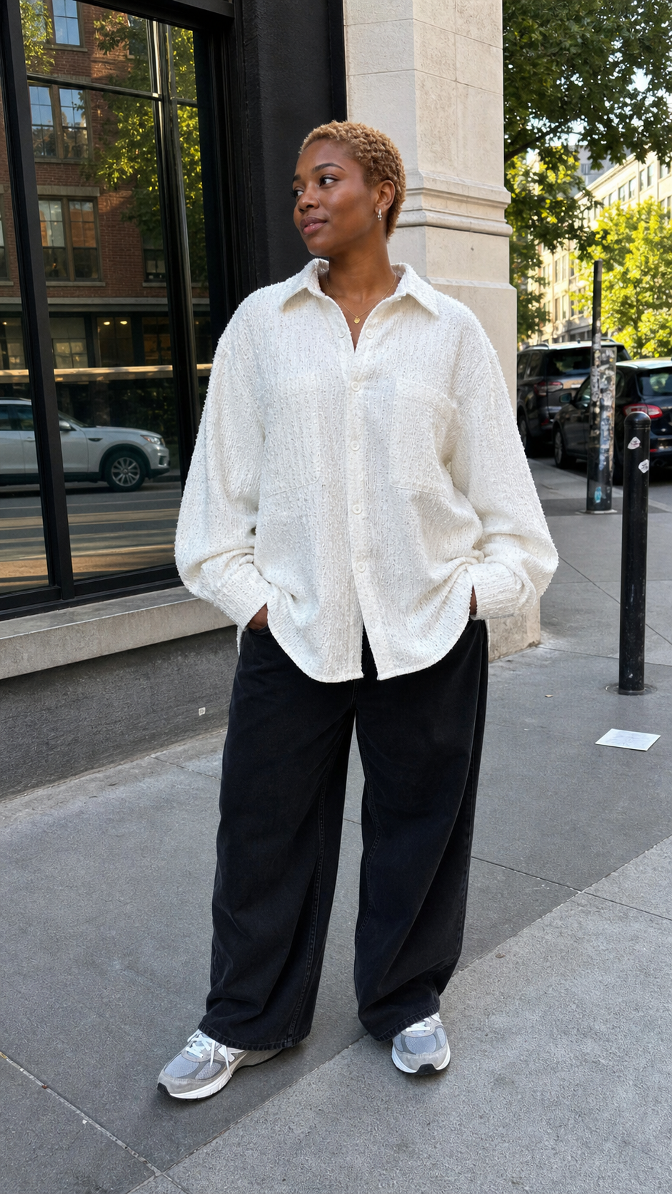 Oversized White Textured Button-Up Shirt UGC showcase 1