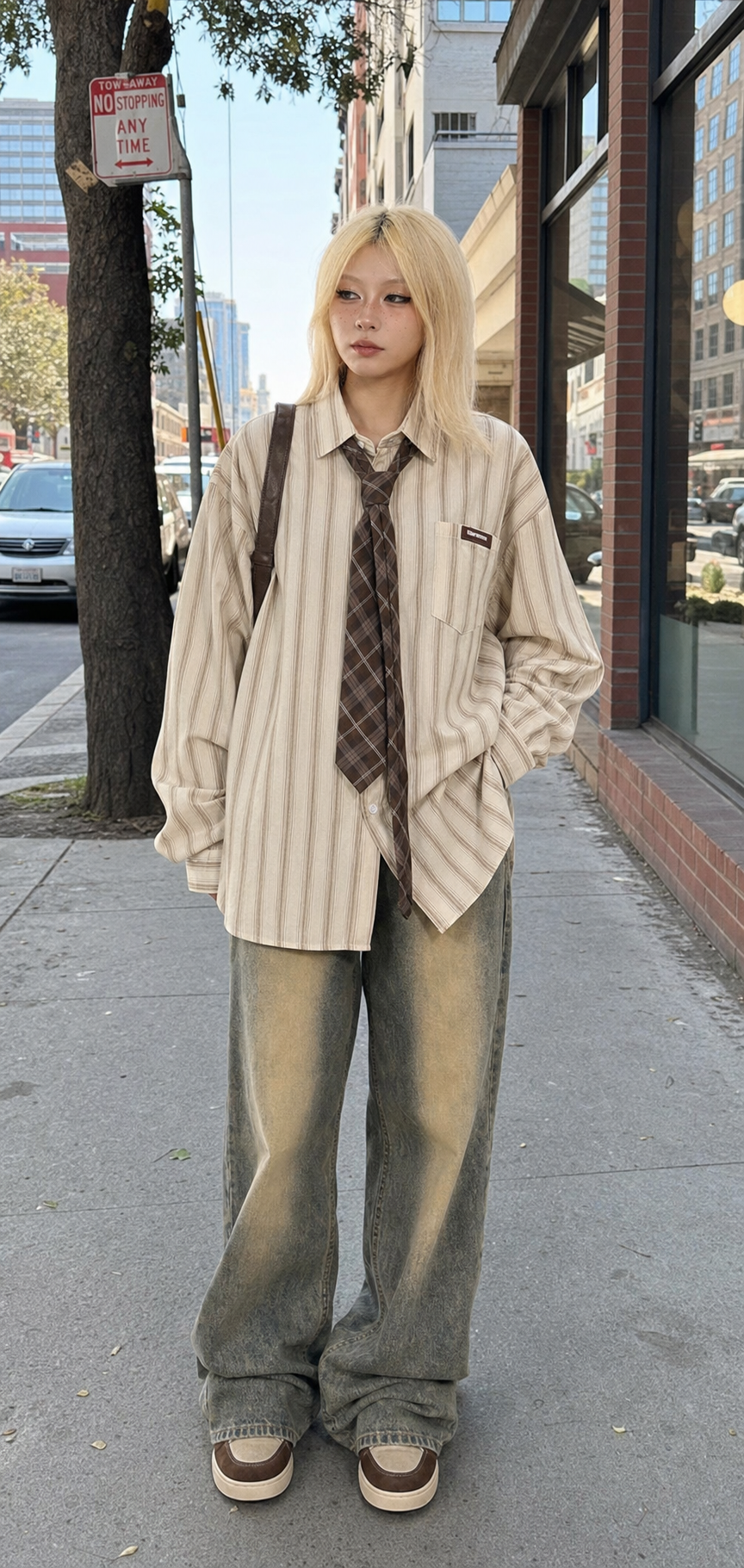 Oversized Striped Button-Up Long Sleeve Shirt showcase 1