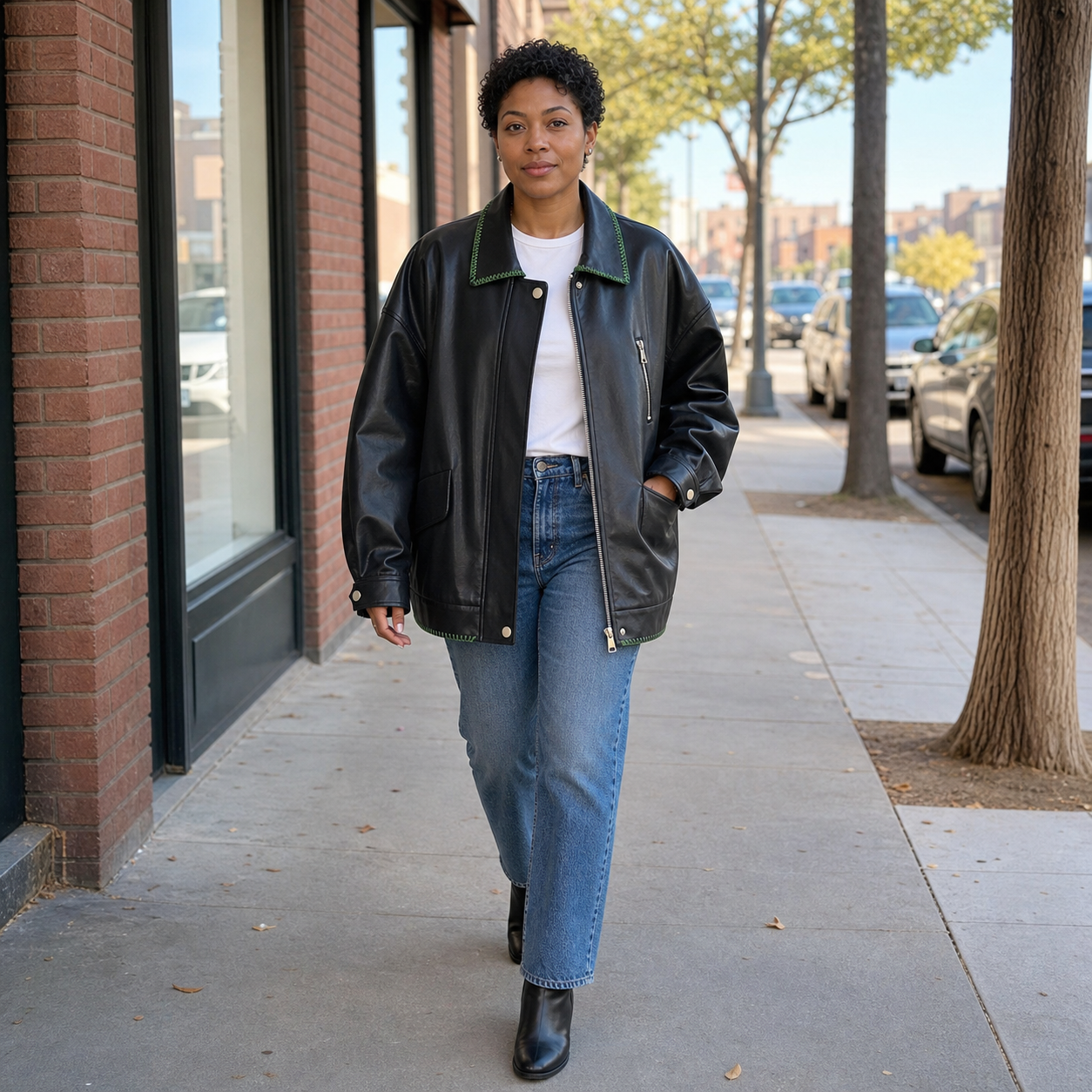 Black Leather Jacket , Loose Slimming Biker Style Pu Jacket showcase 1