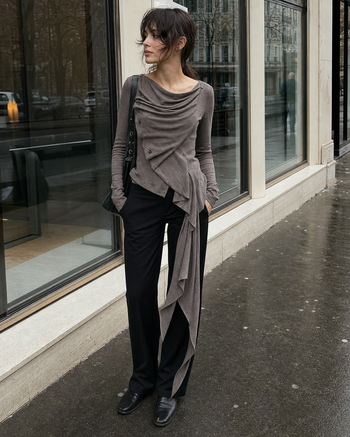 Taupe Draped Asymmetric Tie Top showcase 1