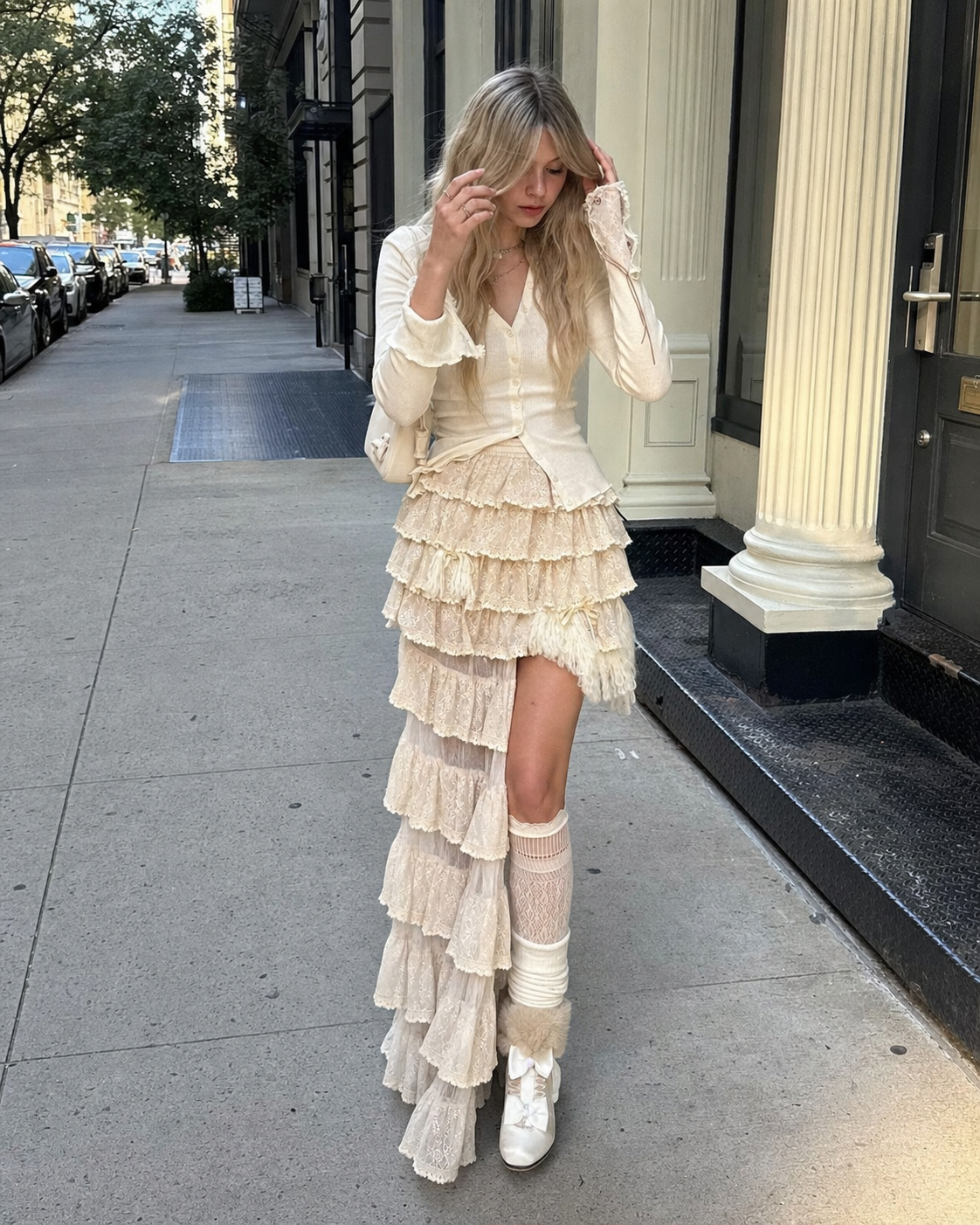 Ivory Lace Tiered Ruffle Skirt showcase 1