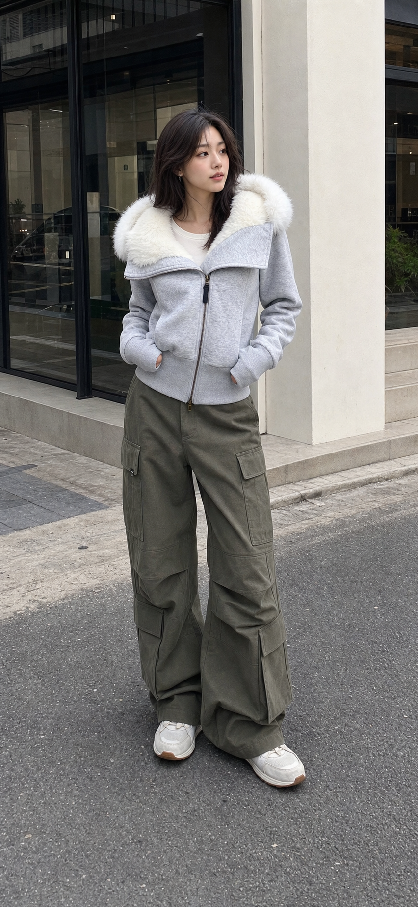 Zip-Up Hoodie with White Faux Fur Hood Trim showcase 1
