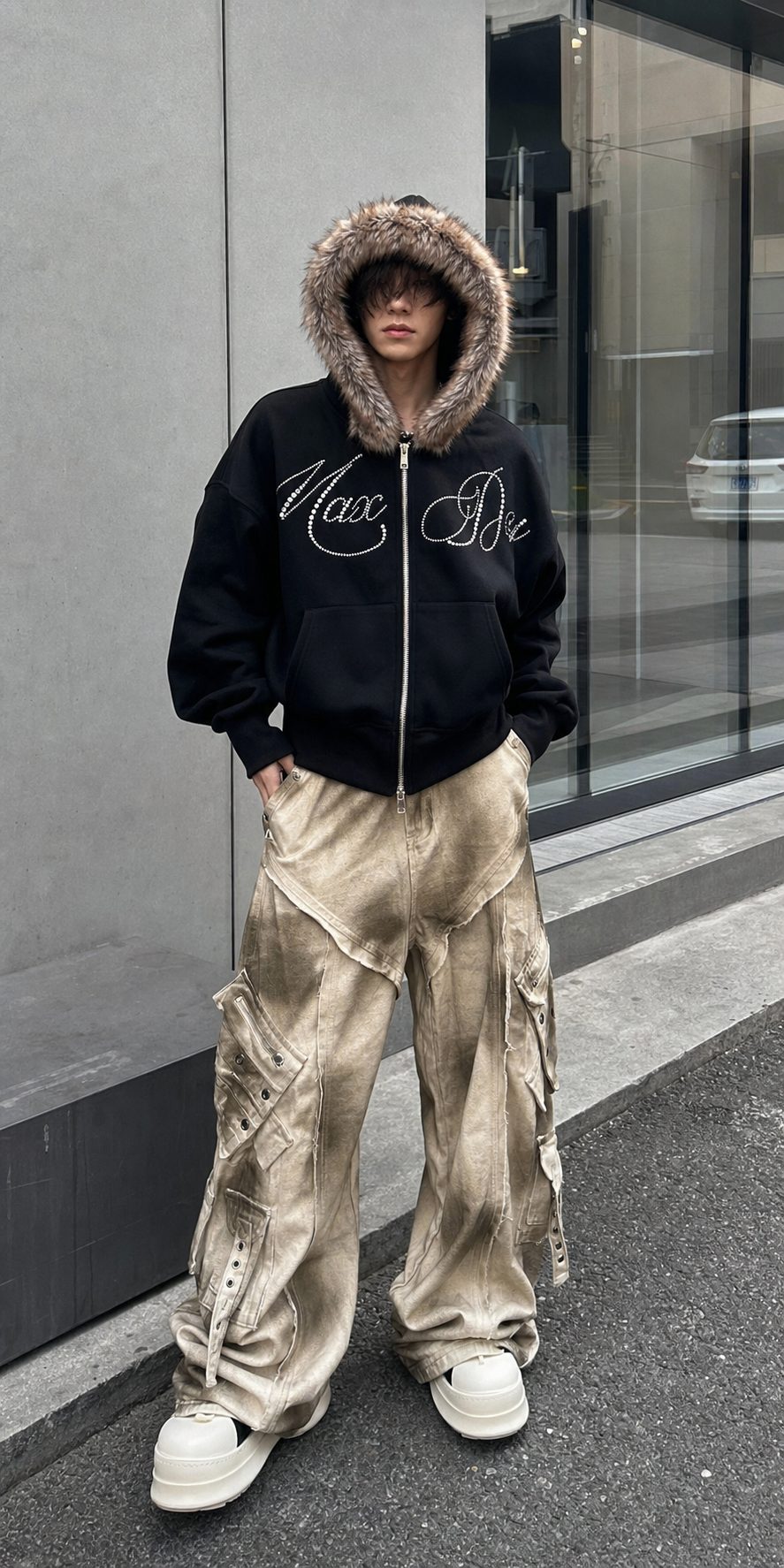 Men's Faux-Fur Hooded Rhinestone Letter Zip-Up Hoodie showcase 1