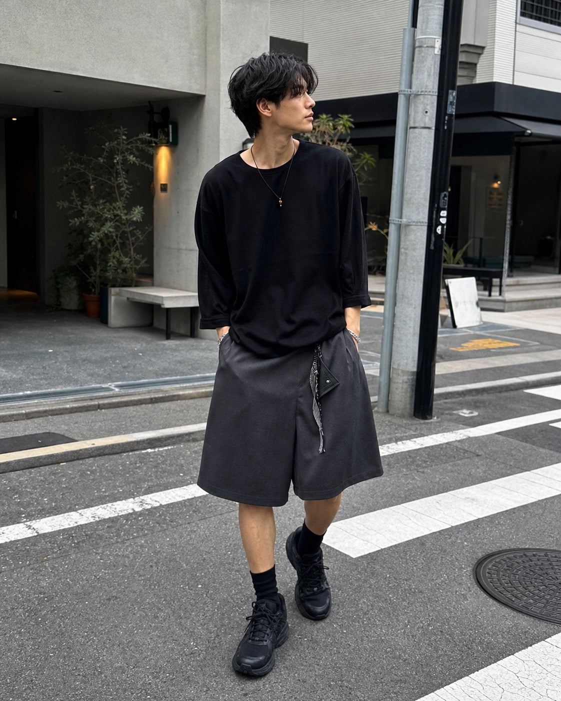 Charcoal Utility Wrap Kilt Shorts generated showcase 1