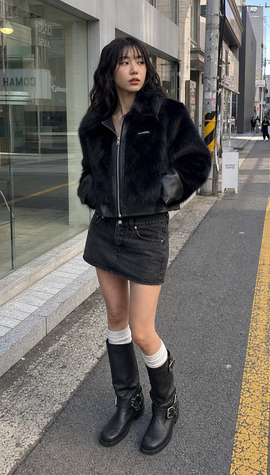 Black Faux Fur Bomber Jacket showcase 1