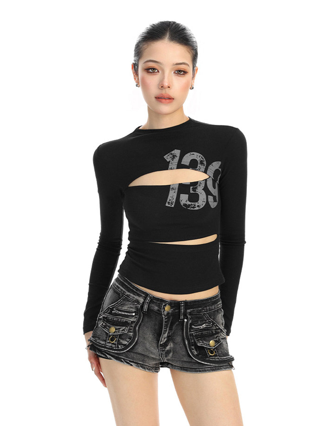 Cutout Number Graphic Long-Sleeve Top