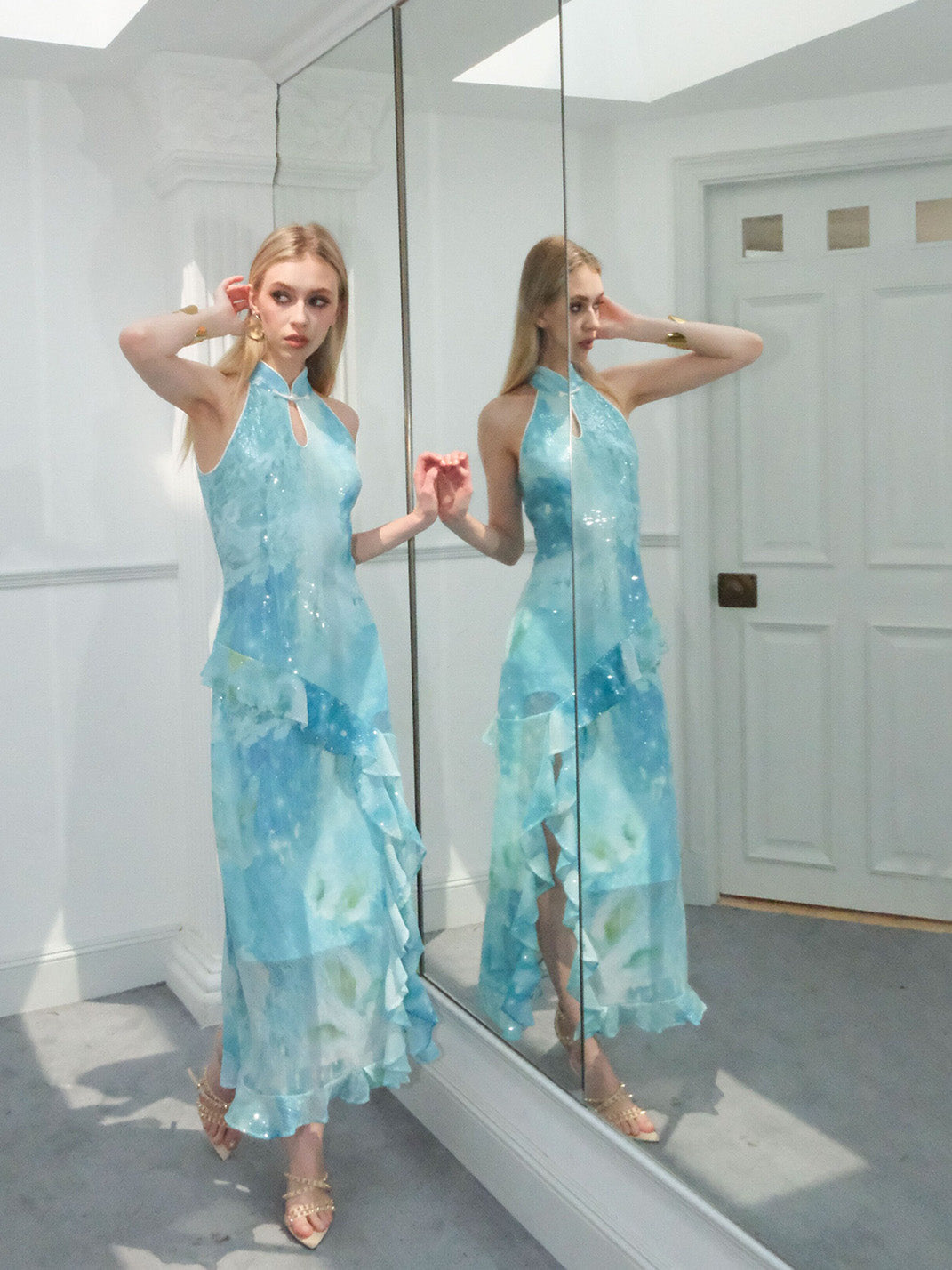 Mint Sequin Ruffle Cheongsam Dress