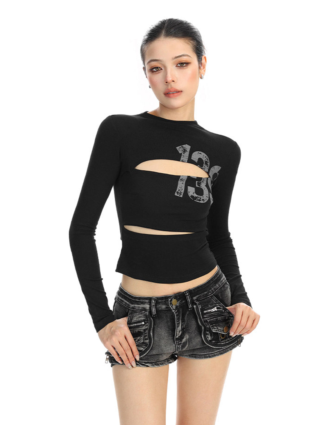 Cutout Number Graphic Long-Sleeve Top