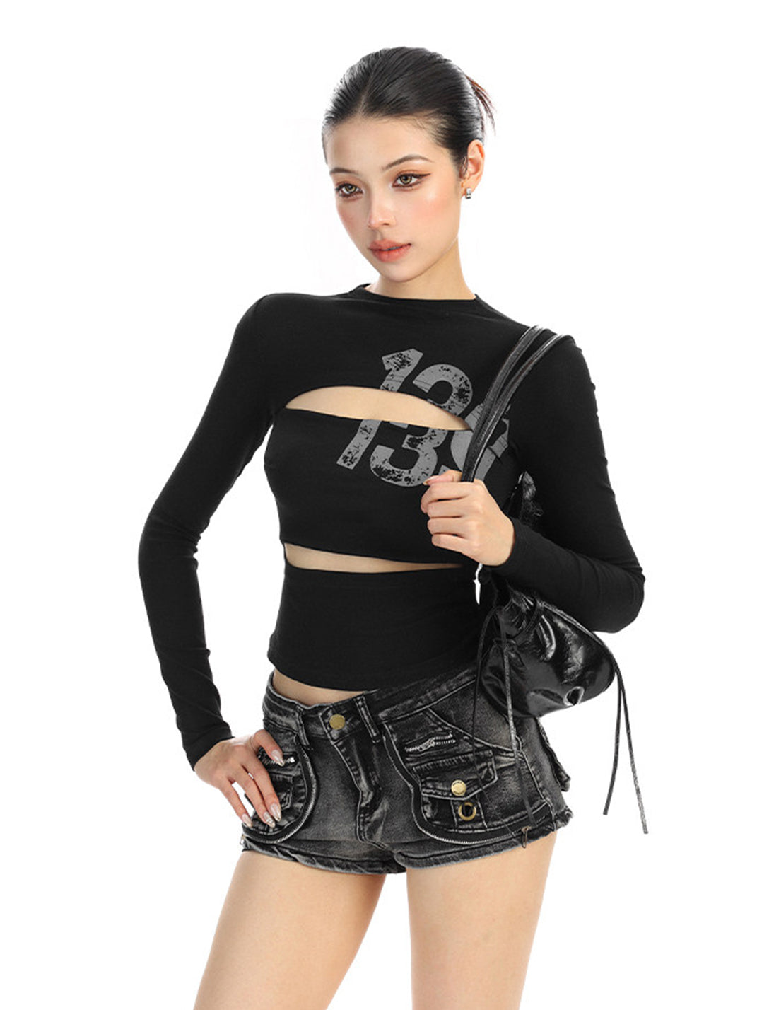 Cutout Number Graphic Long-Sleeve Top
