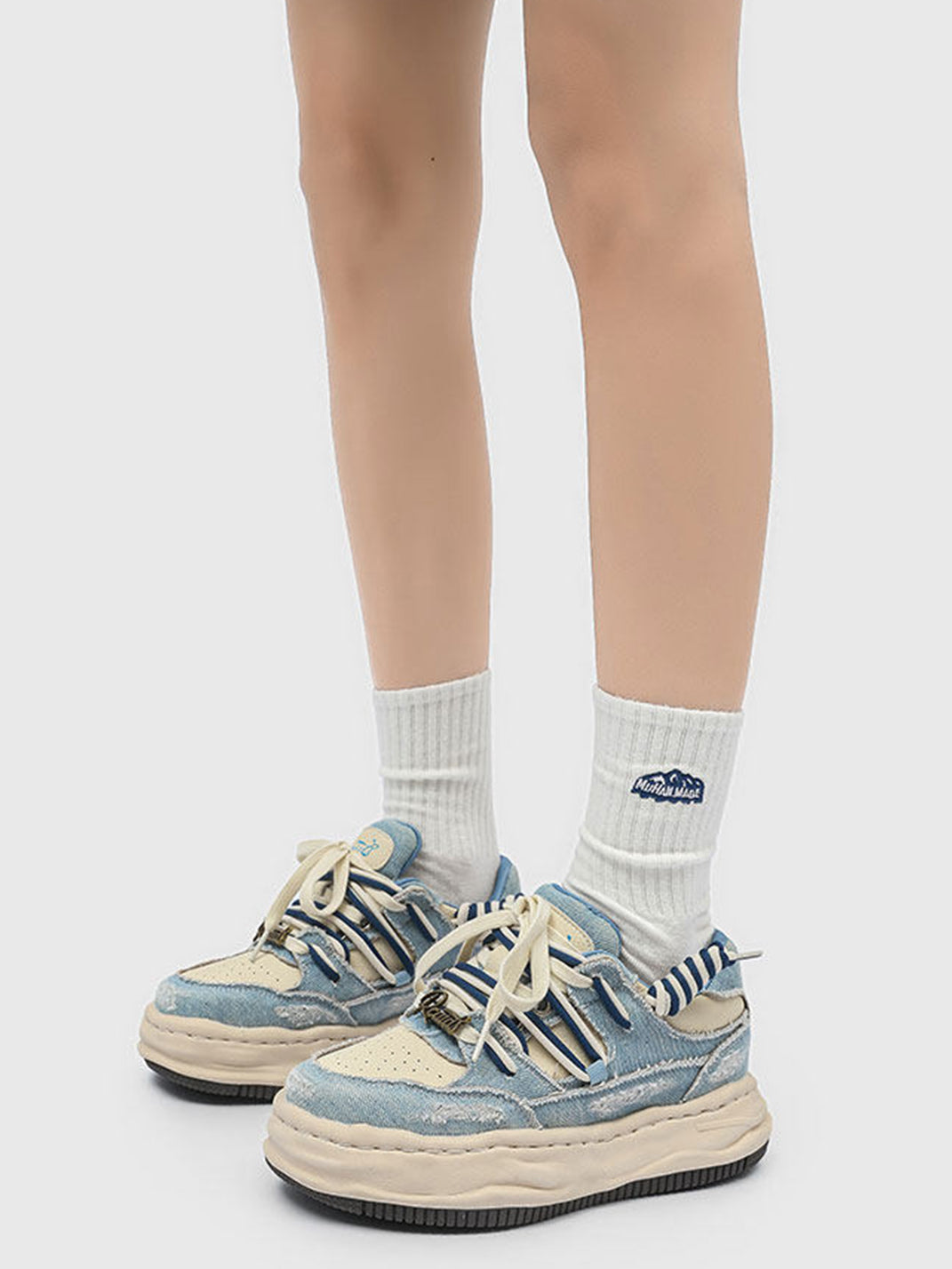 Distressed Denim Wavy Sole Sneakers with Dual-Lace Design