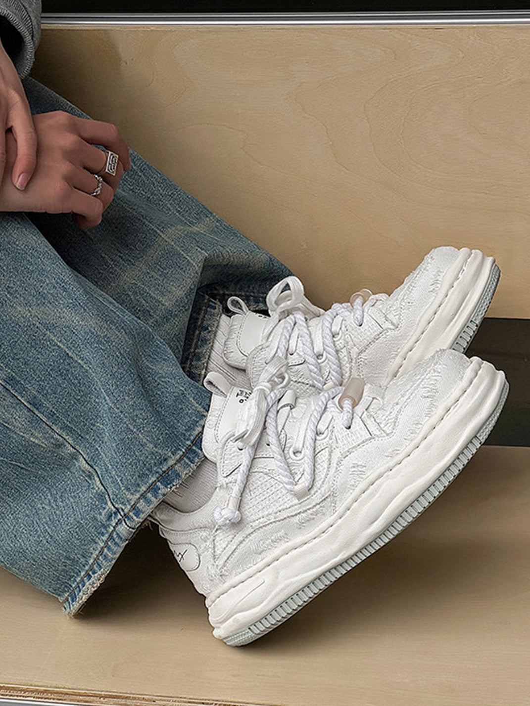 Frayed Fabric Wavy Sole Chunky Sneakers