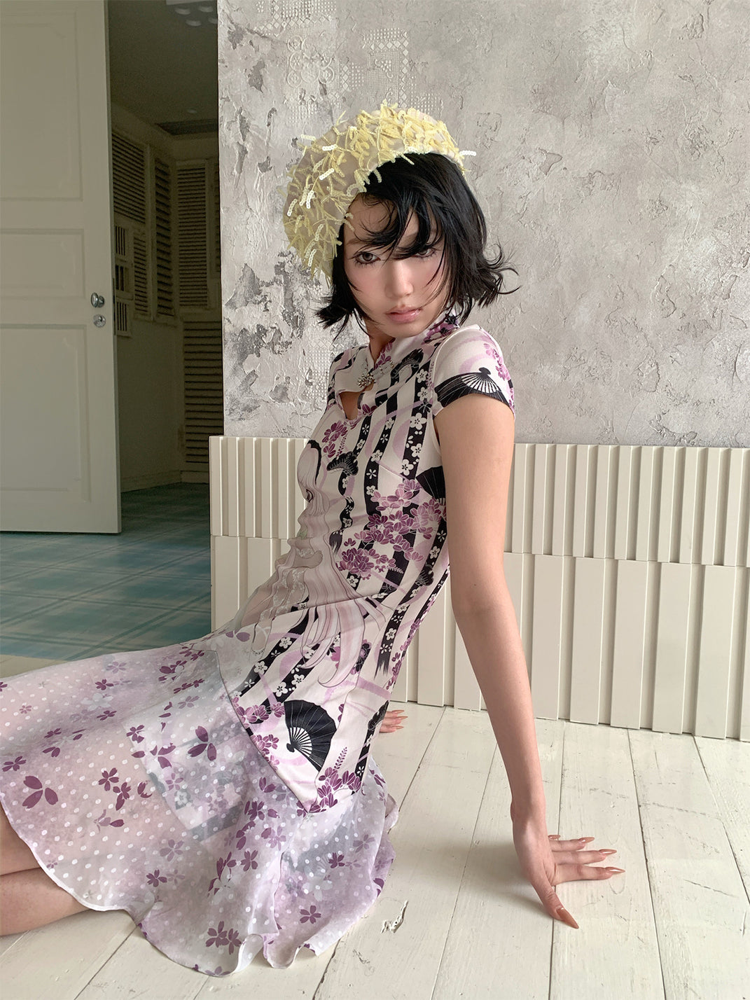 Spliced Collar Print Cheongsam Dress