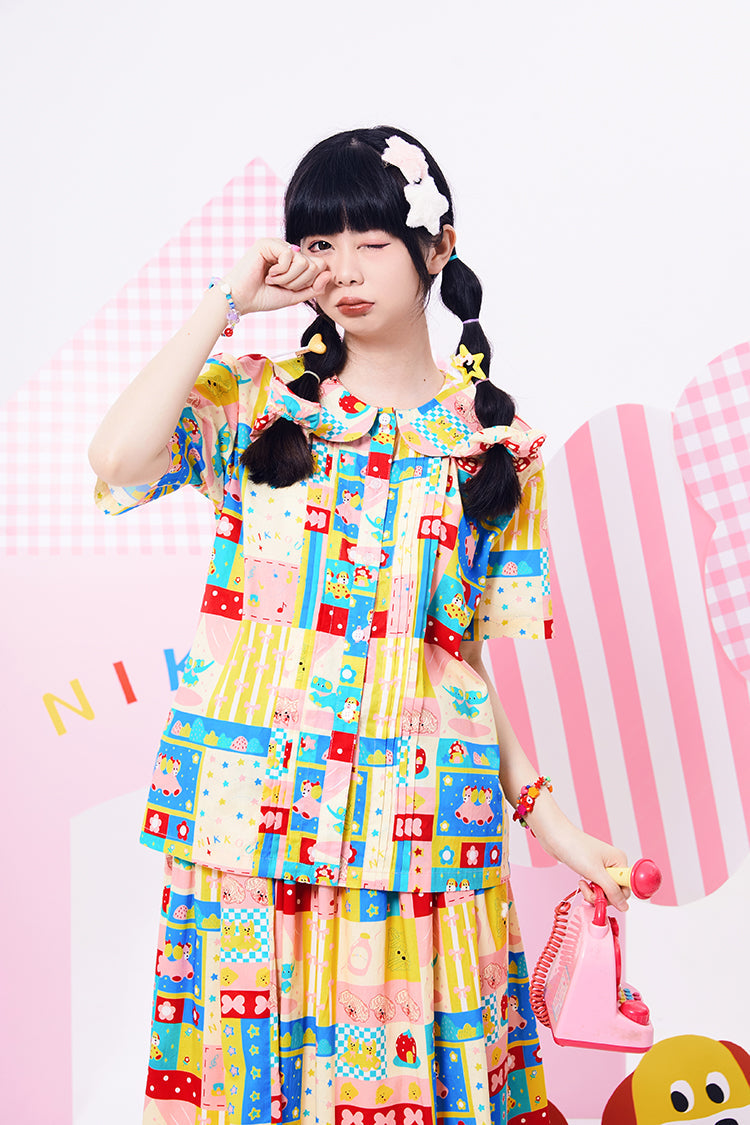 Colorful Patchwork Peter Pan Collar Blouse