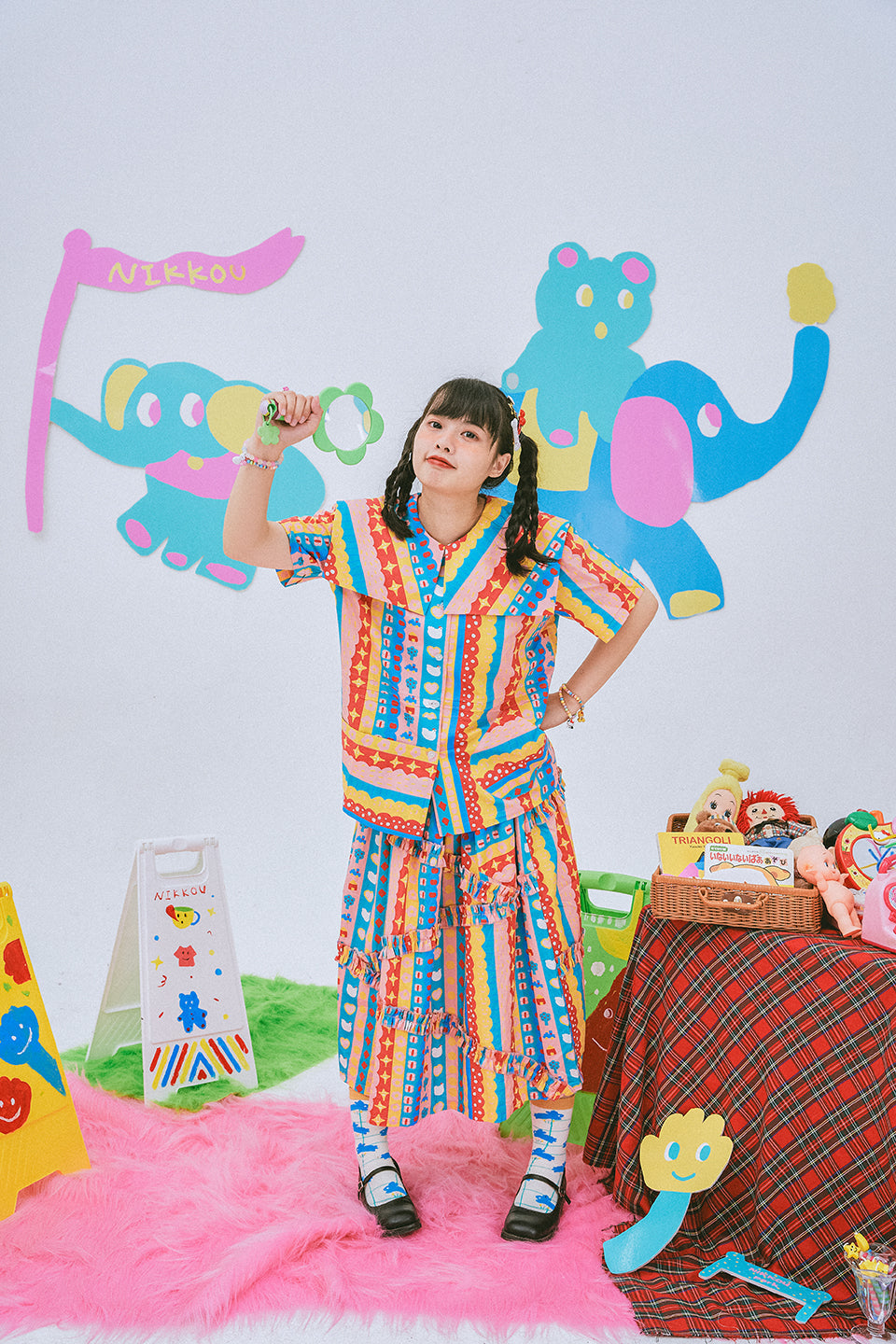 Kawaii Stripe Ruffle Midi Skirt