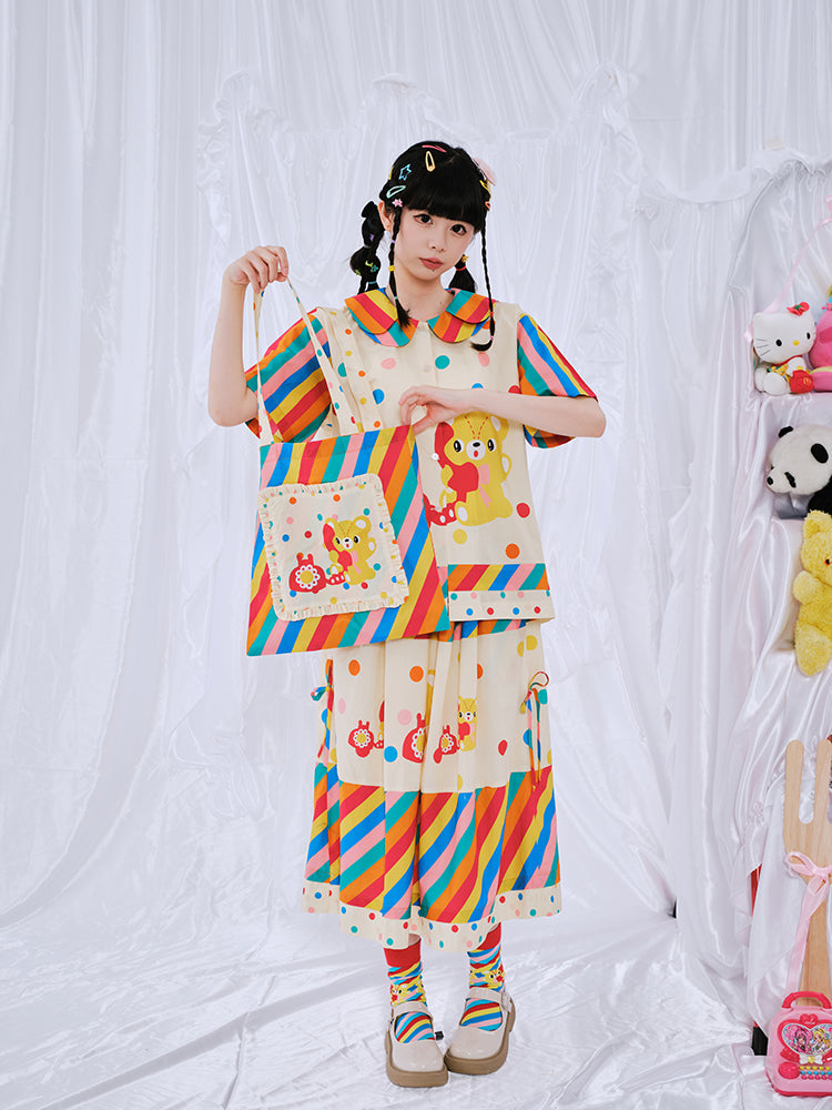 Rainbow Striped Bear Canvas Tote Bag