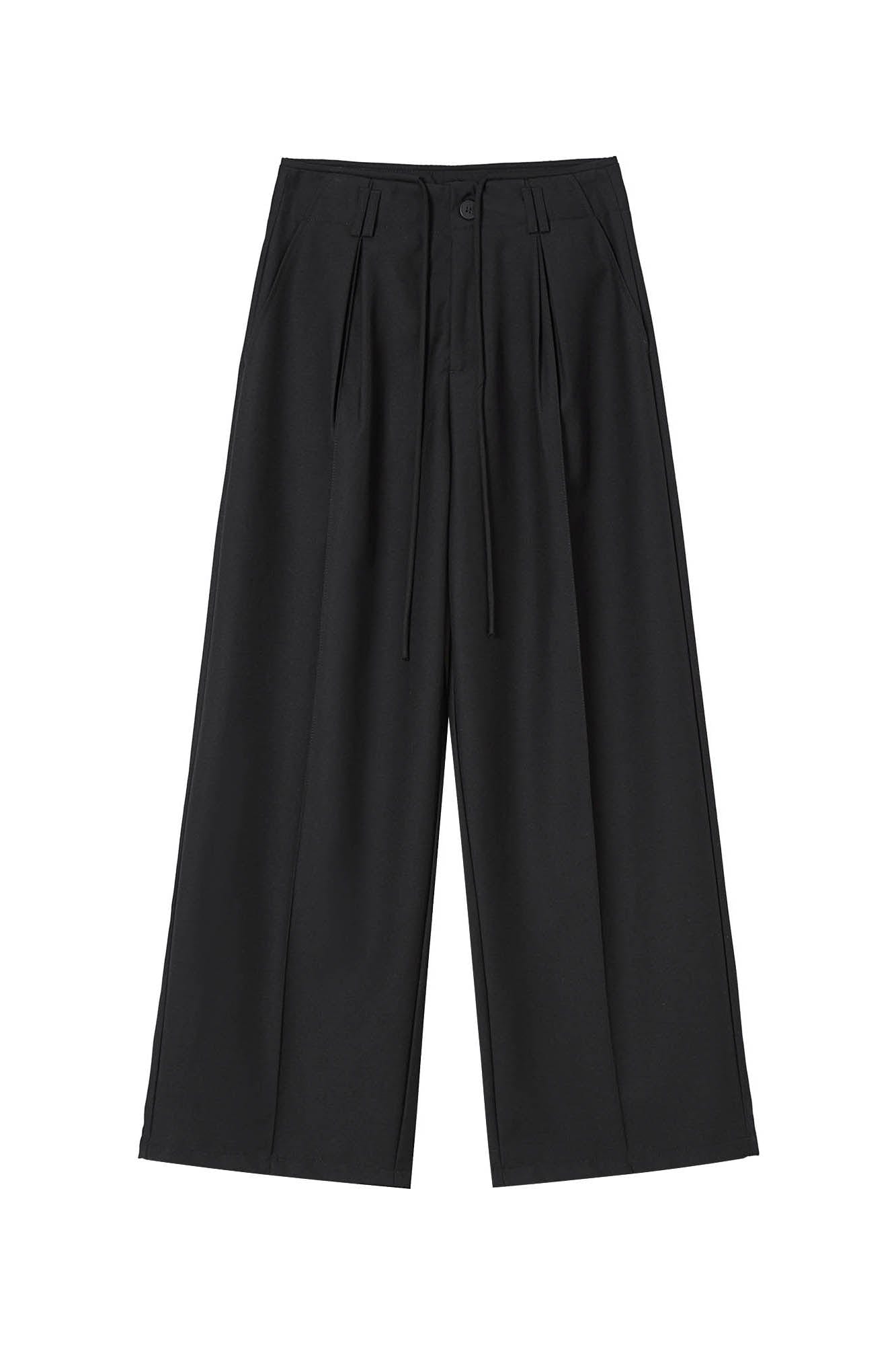Wide-Leg Black Trousers with Drawstring Waist