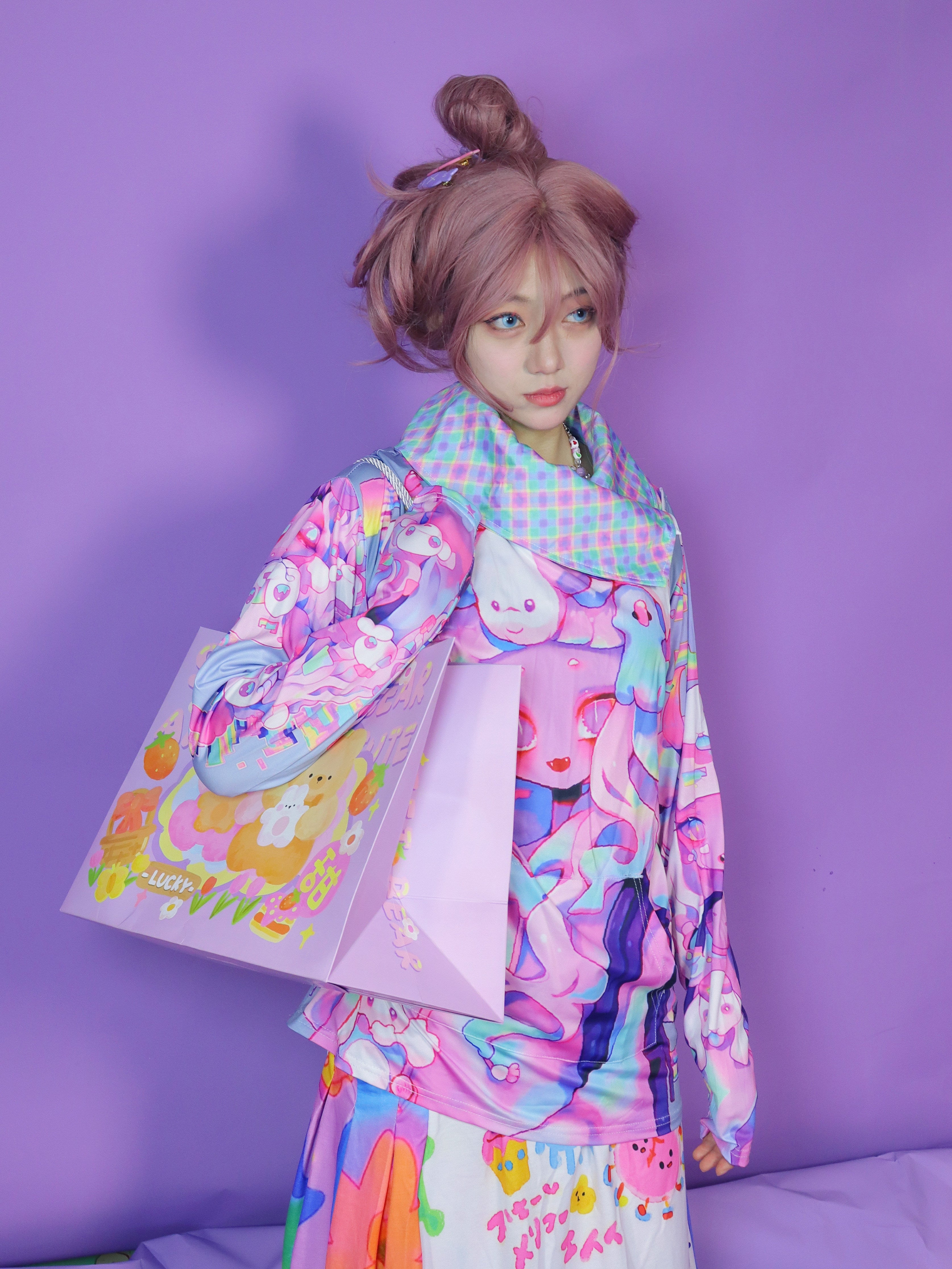 Kawaii Print Mesh Collar Sweatshirt