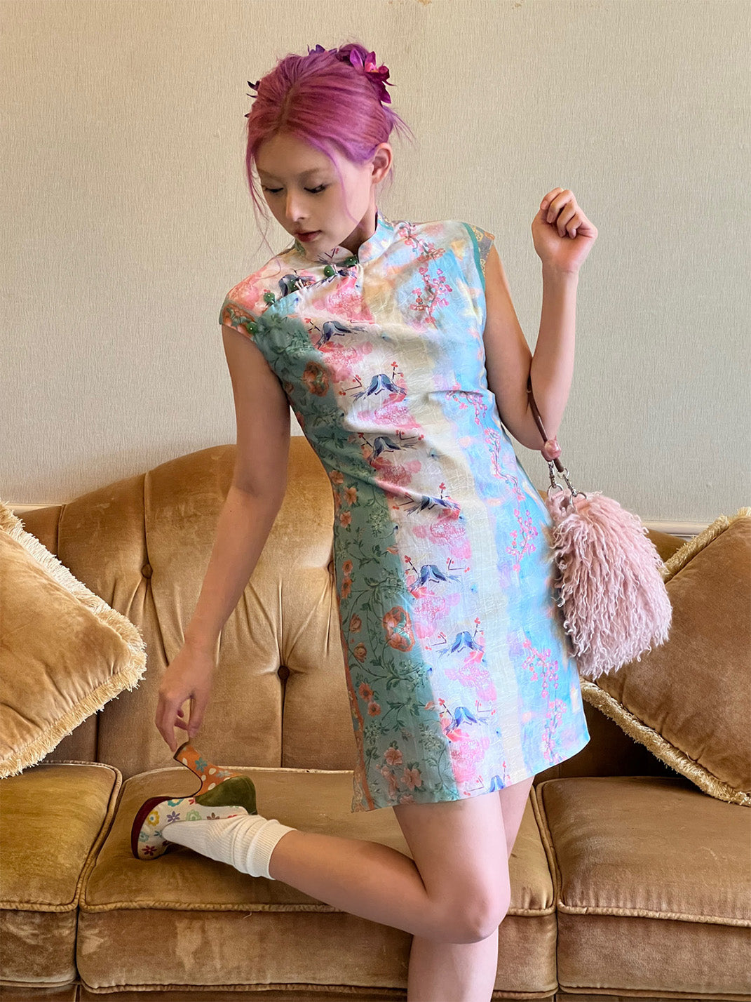 Chinese-Style Print Cheongsam Dress