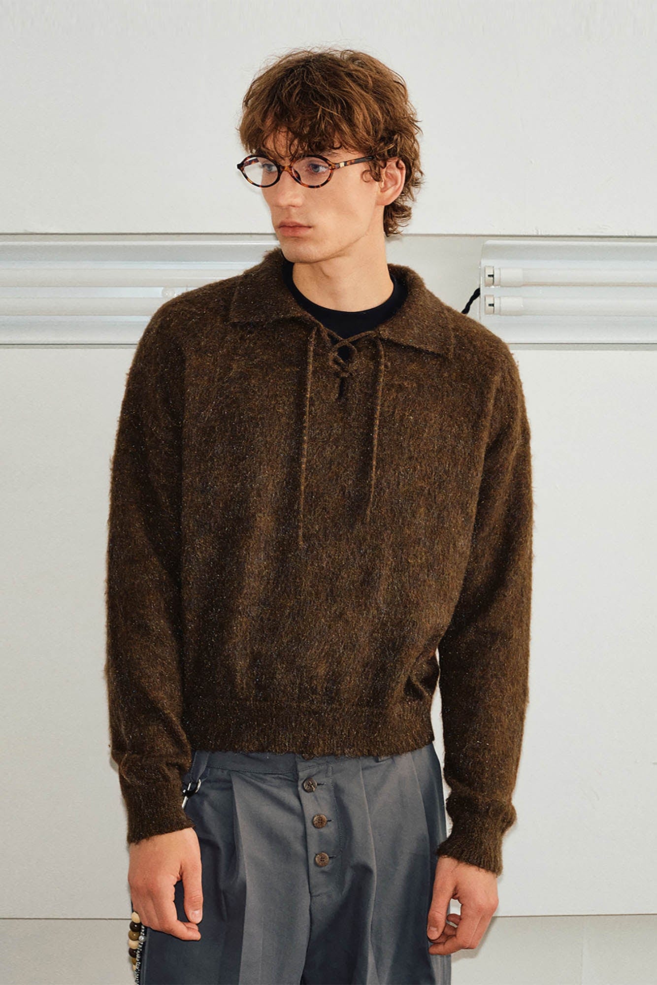 Brown Lace-Up Mohair Sweater