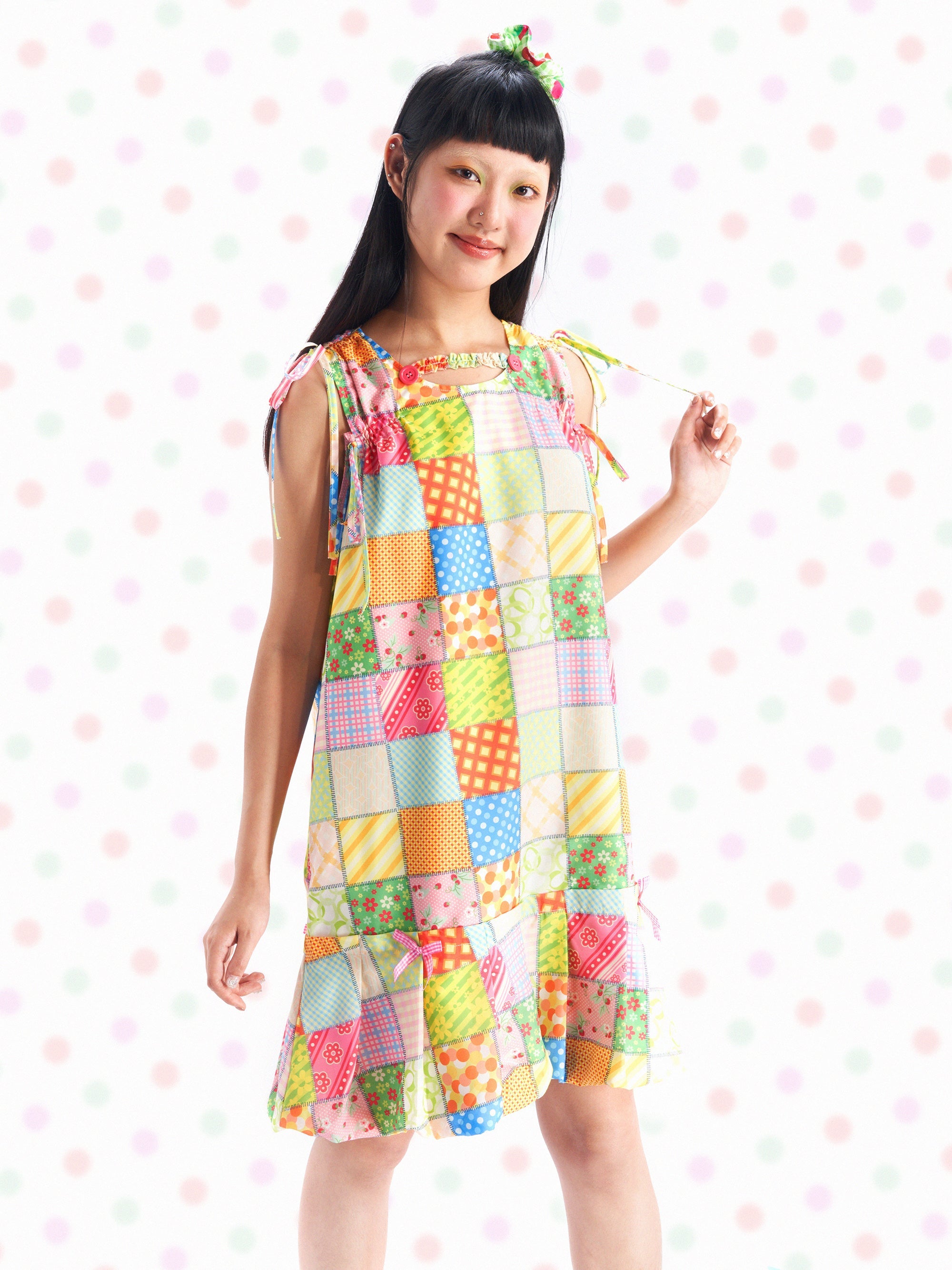 Pastel Patchwork Summer Tie Shoulder Dress