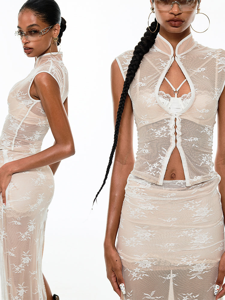 1Jinn Floral Lace Sheer Separates - Women's Sleeveless Vest and High-Waist Maxi Skirt Set