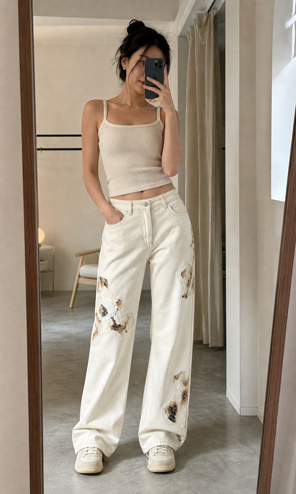 Mixed Lace Panel Denim Pants showcase 2