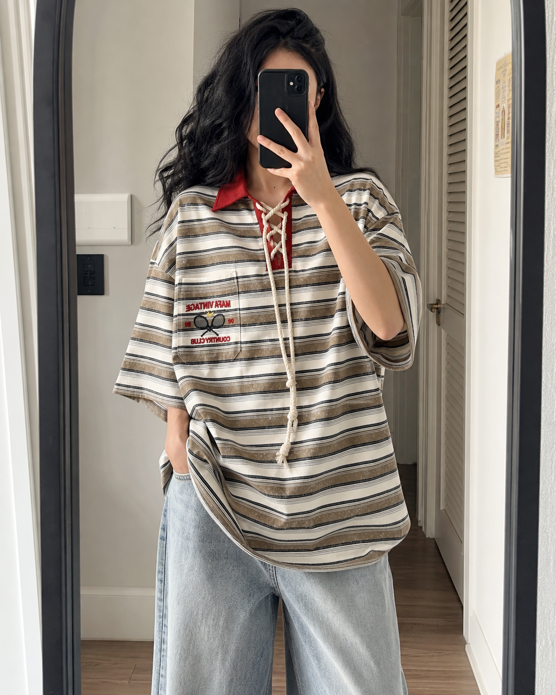 Striped Lace-Up Collar Rugby Shirt showcase 2