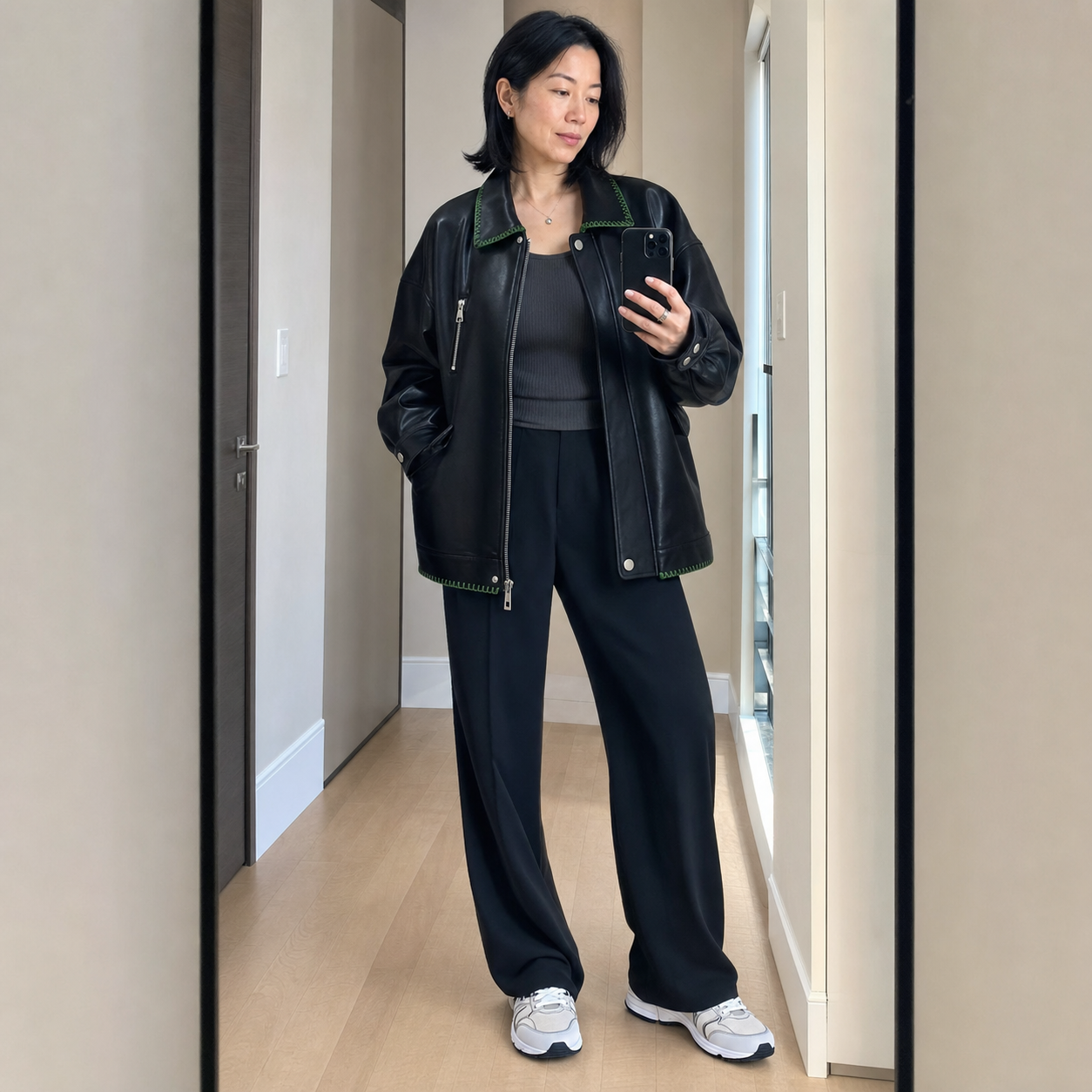 Black Leather Jacket , Loose Slimming Biker Style Pu Jacket showcase 2