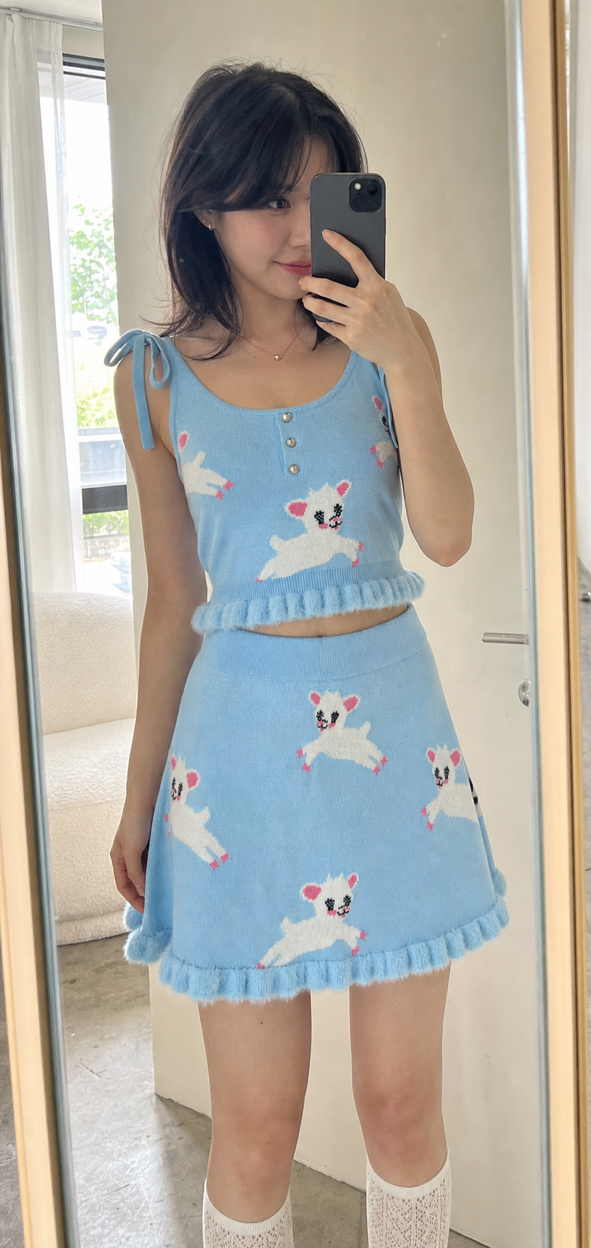 Lamb Print Knit Tank Top and Skirt Set showcase 2