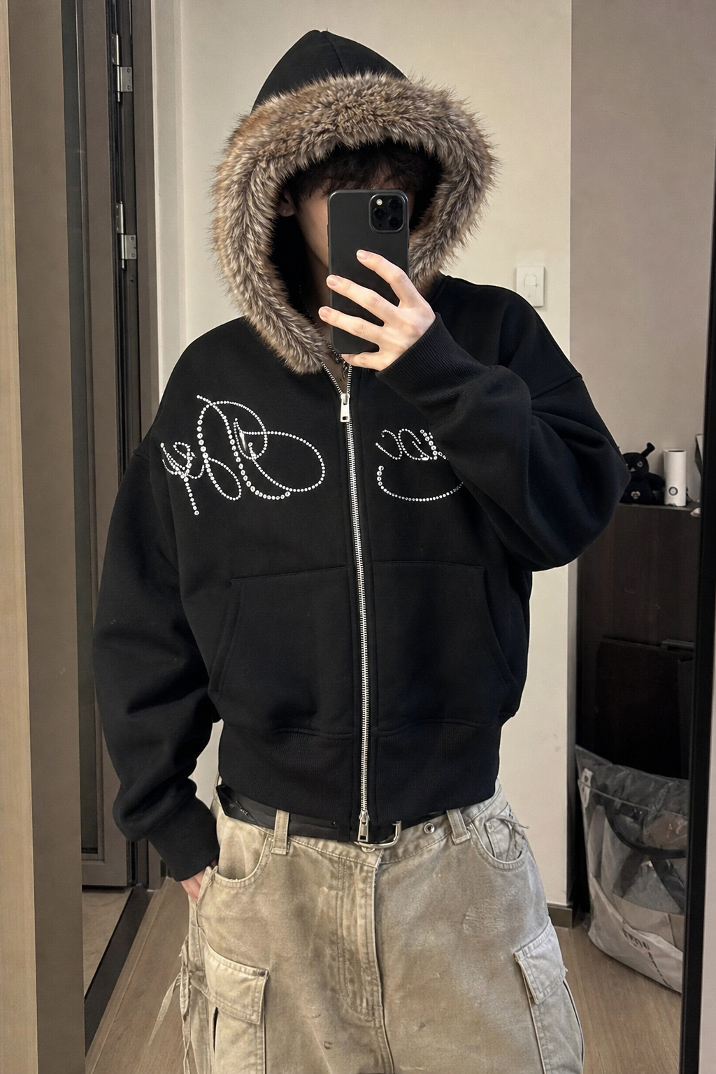 Men's Faux-Fur Hooded Rhinestone Letter Zip-Up Hoodie showcase 2